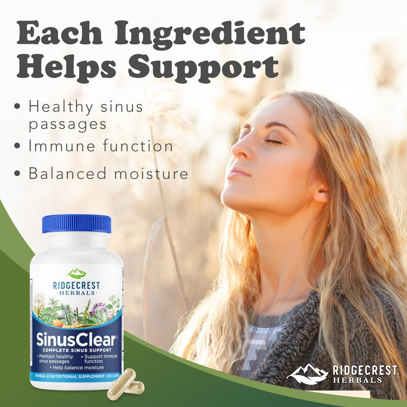 RidgeCrest Herbals SinusClear Mullein Sinus, Nasal and Immune Support 60 Ct | 30 Servings, Mullein Leaf, Bromelain, Vitamin C, Zinc, Natural Mucus and Respiratory Wellness, Vegan Herbal Formula