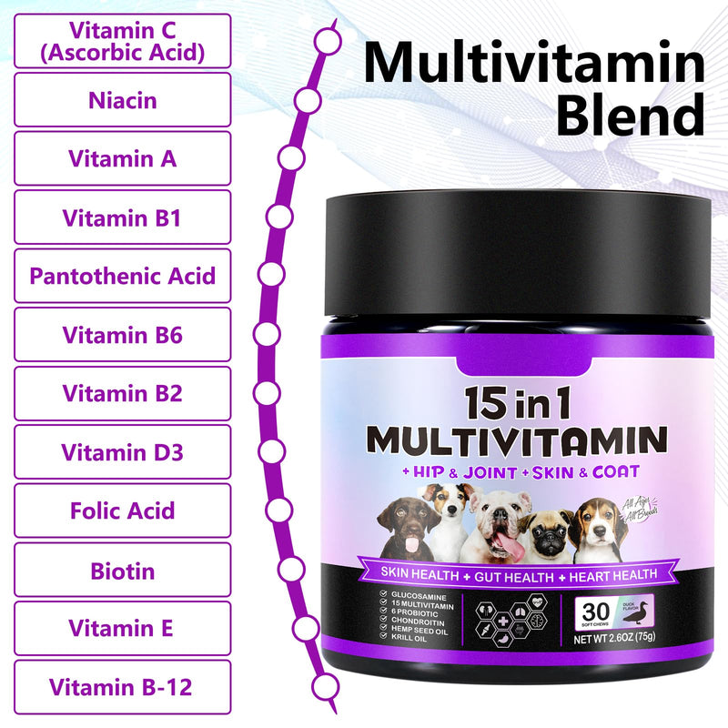 Dog Multivitamin Chews15 in 1, 150 Soft Treats for Dogs, Hip & Joint Support, Immune & Gut Health, Skin & Coat Care, Suitable for All Breeds, Puppies (Over 12 Weeks) to Senior Dogs, Duck Flavor