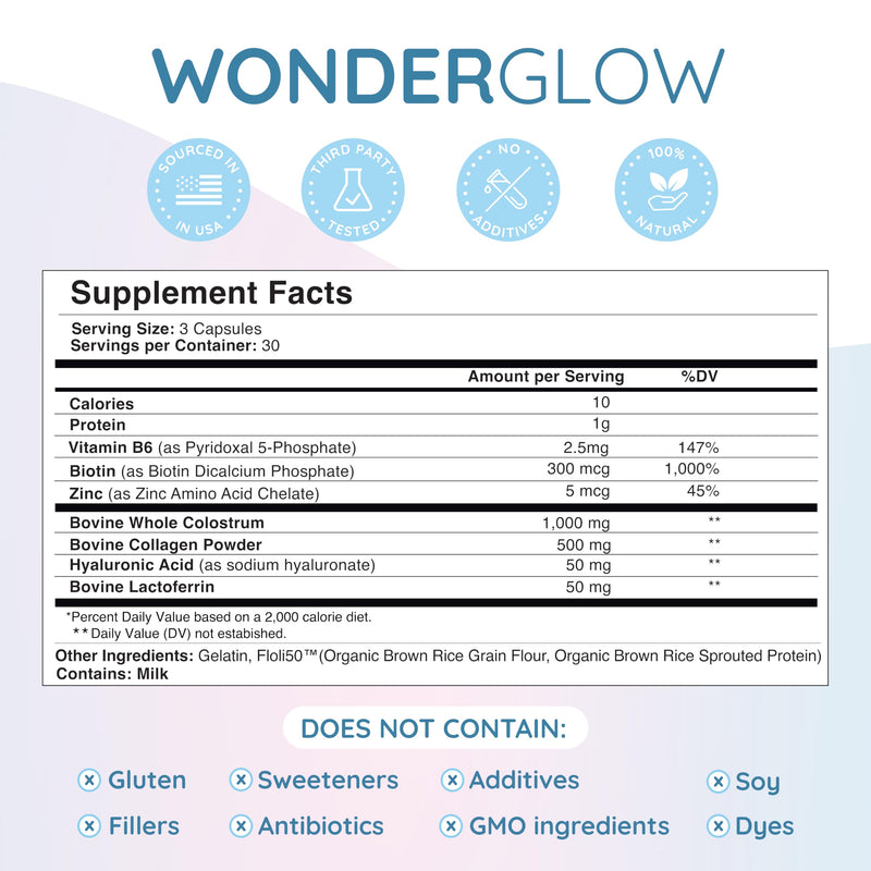 WONDERCOW Hair Skin and Nails Vitamins w/Bovine Colostrum, Collagen, Hyaluronic Acid, Biotin, Zinc, & Lactoferrin┃Supports Faster Hair Growth, Stronger Nails and Glowing Skin (30 Servings, Capsule) 90 Count (Pack of 1)