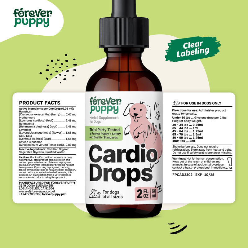 Forever Puppy Cardio Drops for Dogs - Hawthorn Berry & Motherwort Herb - Liquid Antioxidant Supplement with Gotu Kola Leaves & Lavender Extract - 2 fl oz
