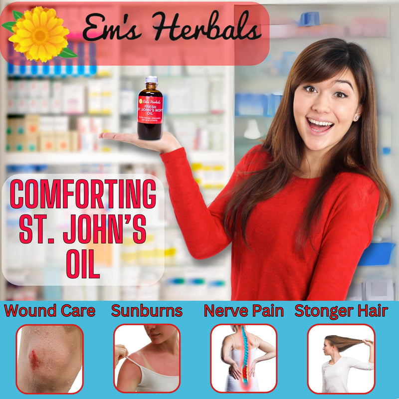 Em's Herbals Fresh St. John’s Wort Oil - Wild Harvested in USA, Natural Solution for Nerve Discomfort, Skin Eruptions, Wound Care, Scar, and Stretch Marks - Skin, Face, Body, Hair, Massage Oil (4 Oz) 4 Fl Oz (Pack of 1) - BeesActive Australia
