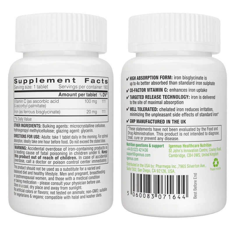 Igennus Clean Iron Bisglycinate 20mg with Vitamin C, 180 Tablets | Gentle and high-absorption chelated iron with targeted release; vegan 6-month supply