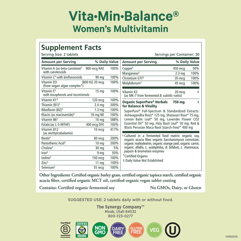PURE SYNERGY Vita·Min·Balance Multivitamin for Women with Iron (60 Tablets) | Women's Daily Multivitamin, Made with Organic Whole Foods, For Balanced Energy & Stress Support