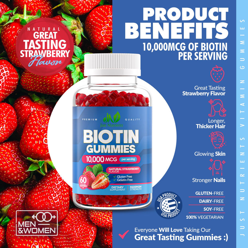 Biotin 10,000mcg Gummies for Hair Growth, Skin & Nails - 2x Maximum Strength Biotin Vitamins for Women & Men - Gluten-Free, Vegan, Non-GMO, Great Tasting Strawberry Flavor - 60 Gummies (1 Month) 60 Count (Pack of 1)