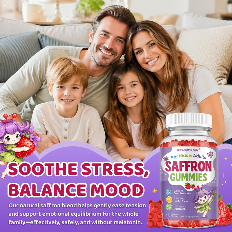 Saffron Gummies for Kids & Adults, 21-in-1 Saffron Supplements with 100mg Saffron Extract, L-Theanine, Magnesium, Omega-3, GABA, D3, B6, B12 & C, Supports Mood, Focus & Gut Health, Sugar-Free, Vegan Strawberry 60 Count (Pack of 2)