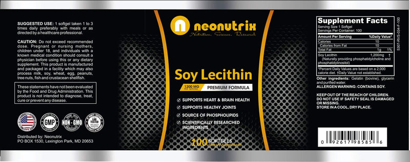 Soy Lecithin Capsules 1200mg (One a Day, 100 Softgels) Immune Support Supplement Rich in Phospholipids Supports Metabolism, Brain & Heart Health & Cell Functions Made in The USA Non-GMO by Neonutrix - BeesActive Australia