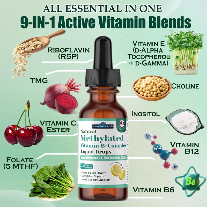 2 Pack Methylated B Complex Liquid, 9-in-1 Methyl B Vitamin w. Methylfolate 5-MTHF Inositol Choline Riboflavin TMG & Methyl B12 Vitamin C E, Super B Complex Multivitamin for Energy Mood & Brain Health Lemon 2 Fl Oz (Pack of 2)