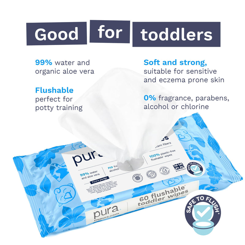 Pura Flushable Toddler Wipes 1 x 60 Wipes, 100% Plastic Free, 99% Water, Hypoallergenic & Fragrance Free, Totally Chlorine Free, Kids Toilet Wipes, Sensitive Skin 60 Count (Pack of 1) - BeesActive Australia
