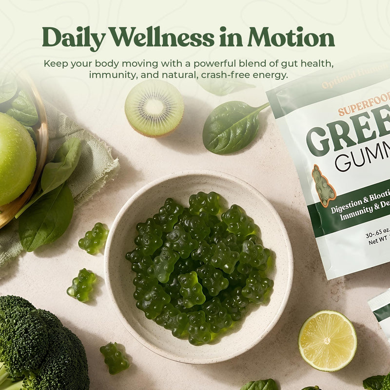 O H Optimal Human Adult Green Gummies, Superfood Greens & Probiotics, 30 Ct | Adult super greens gummies with a 4-strain paraprobiotic for daily greens, fruits & gut support, no powder needed