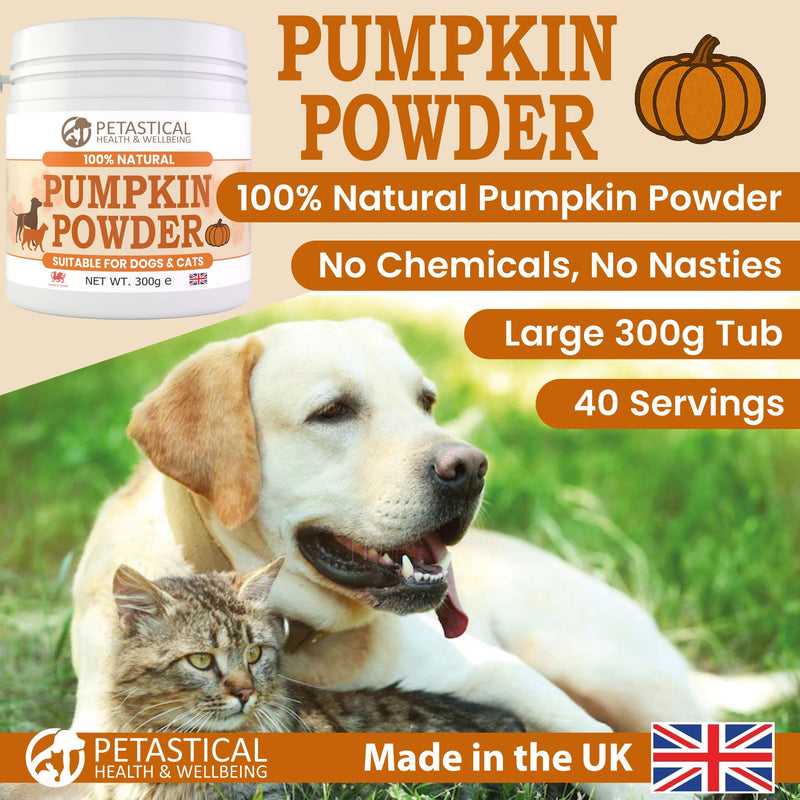 Pumpkin Powder for Dogs & Cats, 100% Natural Fibre Food Topper and Tasty Treat Rich in Prebiotics for Digestive Gut Health, Loose Stools, Made in UK (300g)