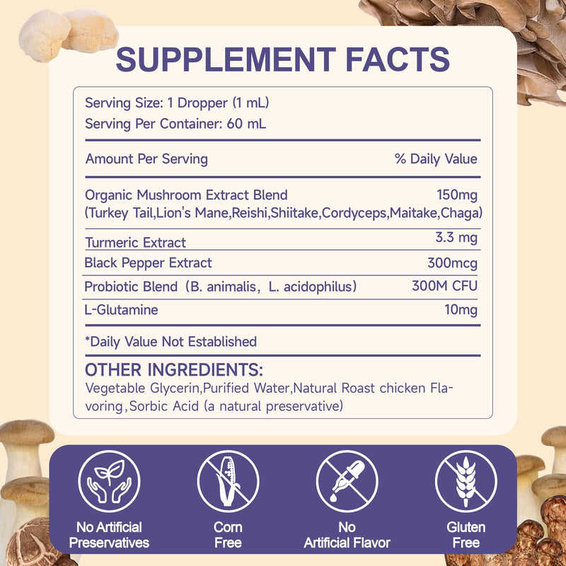 Mushroom for Dogs - with Turkey Tail Mushroom for Dogs, Lion’s Mane, Shiitake, Supports Joint & Gut Health, Enhances Energy, Lumps & Bumps Supplement,Organic Mushrooms Supplement for Dog, 60ml Drop