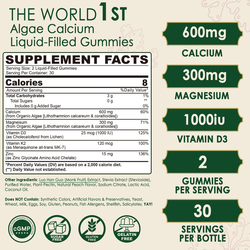 2 Pack - Plant Based Calcium Gummies 600mg with Vitamin D3 K2, Magnesium, Zinc for Bone Strength, Sugar Free Calcium Supplements for Women & Men (Certified Vegan) from Sustainably Organic Red Algae 60 Count (Pack of 2)