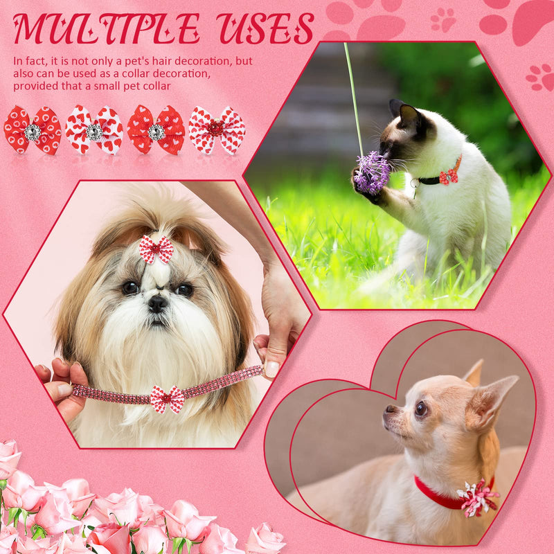 Chuangdi 24 Pcs Valentine's Day Dogs Hair Bows for Pet Hair Bows with Rubber Band Ribbon Curly Dog Hair Bows Adorable Rhinestone Dog Bows Puppy Bows Cat Dog Hair Accessories Heart Pattern - BeesActive Australia