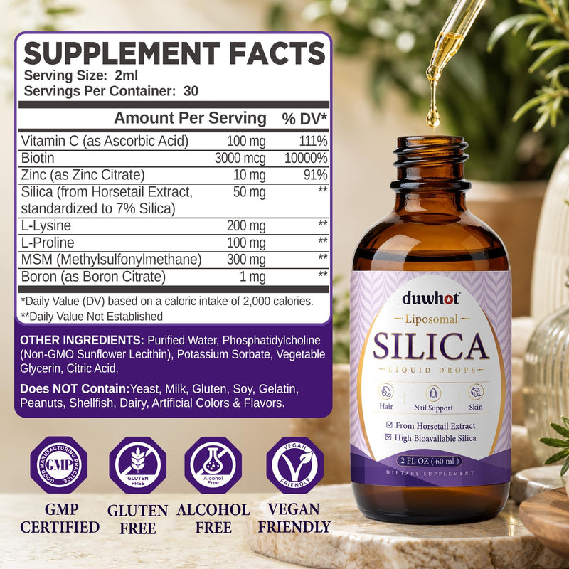 Liposomal Liquid Silica Supplement Drops for Women & Men, 2 Fl Oz | with Biotin, Lysine, L-Proline, MSM, Boron, Vitamin C, Zinc