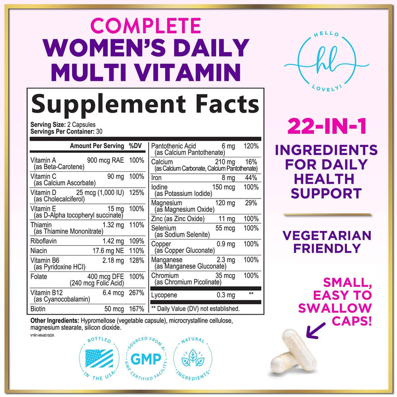 Multivitamin for Women - 3X Strength Daily Women Multivitamin, Vitamins A, D, C, E, Biotin, Folic Acid, Calcium, & Iron, Complete Multi Vitamin for Beautiful Hair & Skin, Bottled in USA, 60 Capsules 60 Count (Pack of 1)