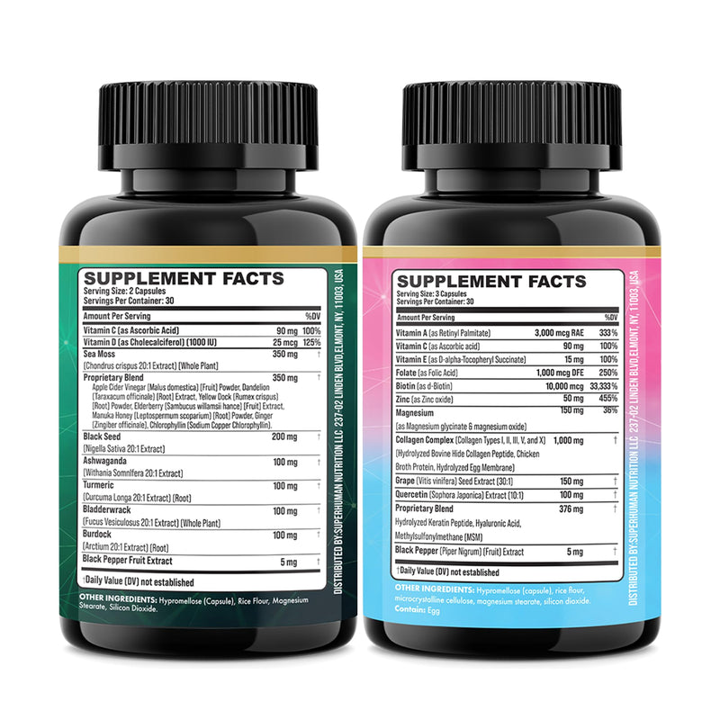 Sea Moss & Collagen Support Bundle, Black Seed Oil, Radiant Wellness Set | Black Seed Oil, Ashwagandha, Ginger, Collagen I-X, Biotin, Keratin, Burdock, Turmeric, Vitamin D3, Magnesium 150 Count (Pack of 2)