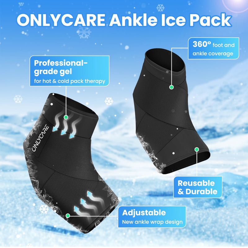 ONLYCARE Ankle Ice Pack Wrap for Swelling, Upgraded Gel Ice Pack Reusable, Hot Cold Therapy, Cold Pack for Sprained Ankle Injuries, Achilles Tendonitis, Plantar Fasciitis Black