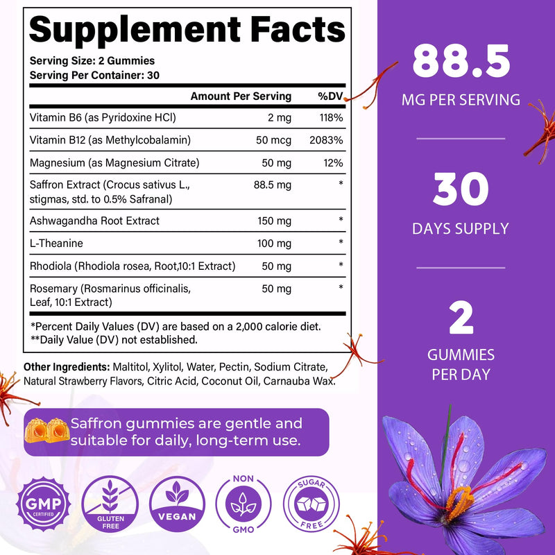 Saffron Supplements Gummies for Adults Kids, 88.5mg Saffron Extract, 2 Pack | Saffron Extract with Magnesium, Ashwagandha, L-Theanine, Rhodiola, Rosemary, B6, B12 for Happy Mood, Calm, Focus, Cognition Strawberry 60 Count (Pack of 2)