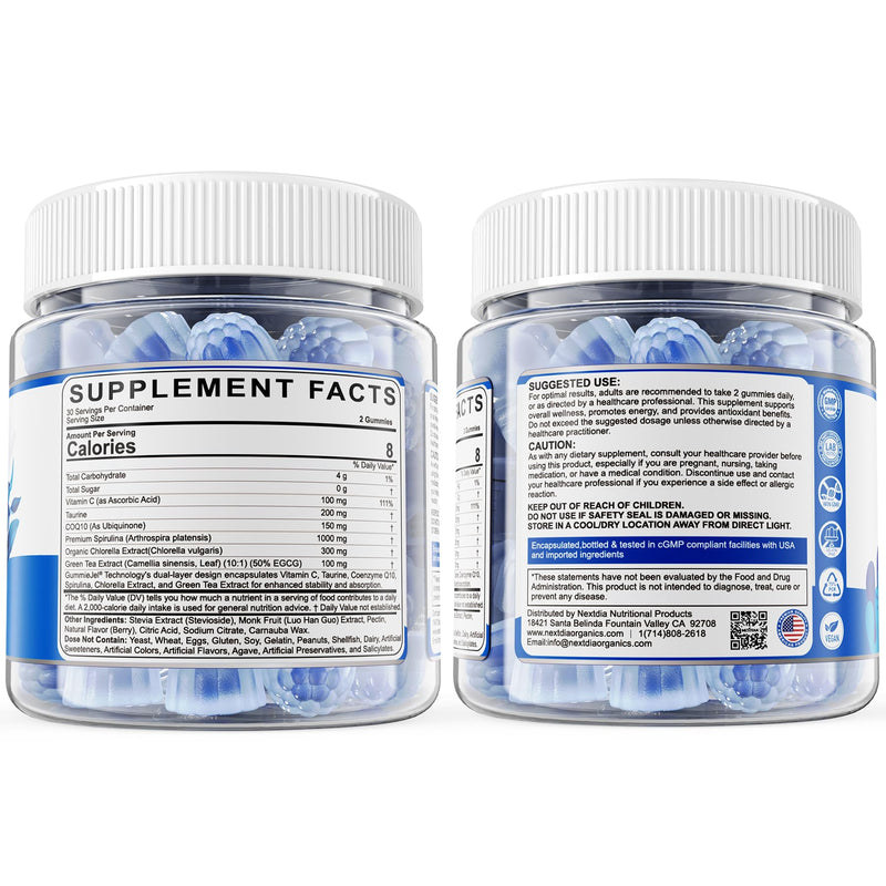 Organic Blue Spirulina Chlorella Gummies, High Phycocyanin Superfood, 120Ct | With CoQ10, Vitamin C, Taurine & Green Tea, Nutrient-Rich Blue-Green Algae, Antioxidant, Energy & Daily Support, Sugar Free 60 Count (Pack of 2)