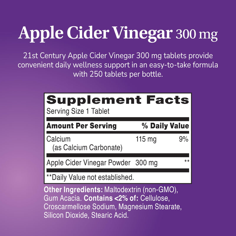 21st Century Apple Cider Vinegar 300mg Tablets, Metabolism, 250 Count | Apple Cider Vinegar 300 mg Tablets to Help Support Metabolism & Digestion, Gluten Free Daily Supplement, 250 Count