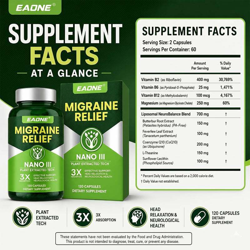 Headache Comfort Supplement, Natural Cranial Relaxation Formula with Magnesium Glycinate, CoQ10, Riboflavin Vitamin B2, B6 & B12, Supports Daily Neurological Balance and Mental Clarity, 120 Capsules