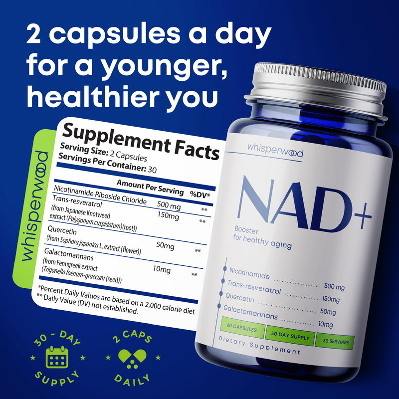 NAD+ Supplement with Nicotinamide Riboside, Trans Resveratrol & Quercetin – NAD Plus Complex for Energy, Brain & Mitochondrial Support – Antioxidant and Longevity Formula for Women & Men – 60 capsules