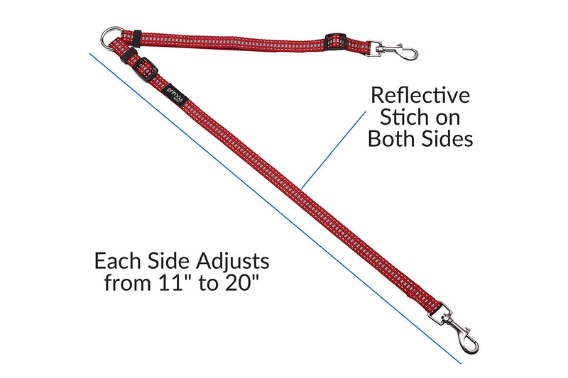 No Tangle Reflective Dog Leash Coupler - Double Dog Walker and Trainer Leash - Two Dogs Adjustable Splitter Lead - Each Side Adjusts 11" to 20" in Length (Small - 5/8" Width, RED) - BeesActive Australia