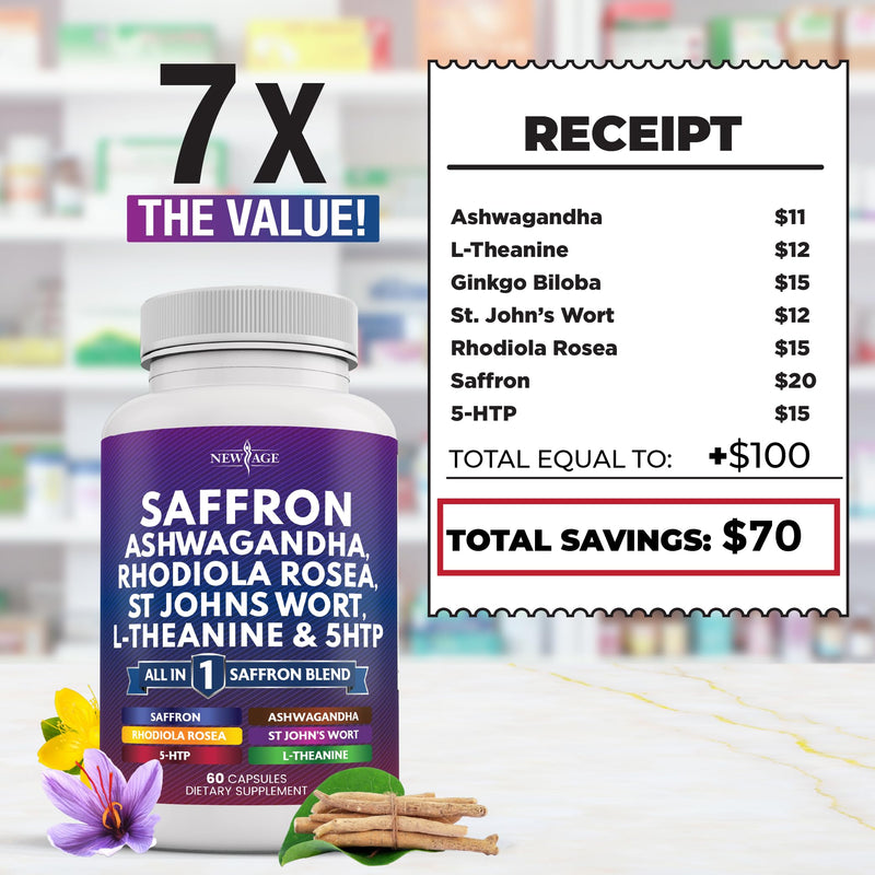 NEW AGE Saffron Supplements with Ashwagandha - Support with L-Theanine, Ginkgo Biloba, St. John's Wort, Rhodiola Rosea & 5-HTP - Saffron 120 Count 120 Capsules (Pack of 2) - BeesActive Australia