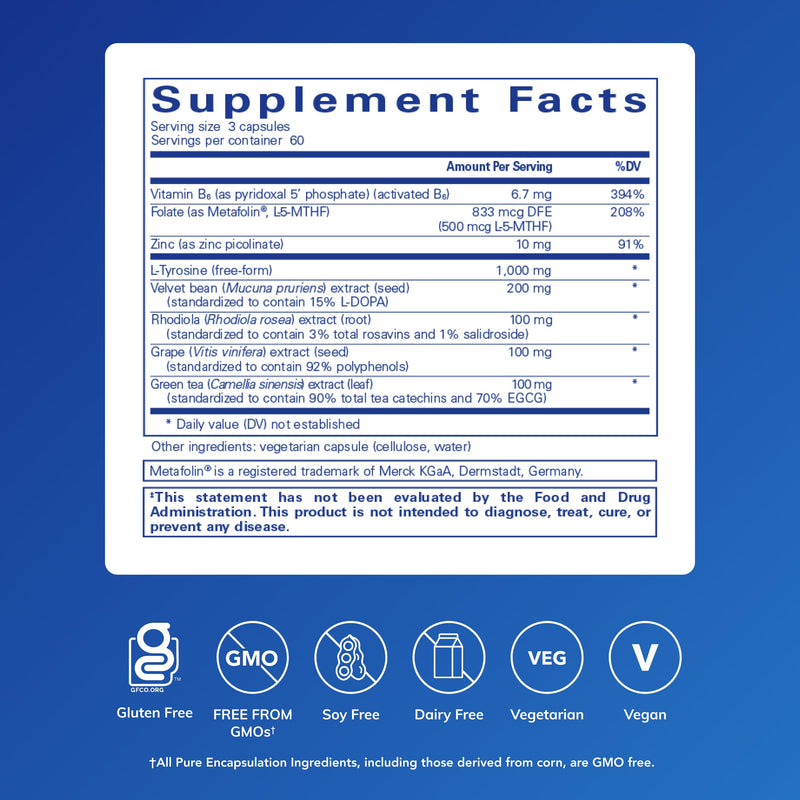 Pure Encapsulations DopaPlus, 180 Capsules | Supports Dopamine Production, for Daily Brain Function*, with L-Tyrosine, Folate, Vitamin B6 and L-5-MTHF, Non-GMO and Vegan