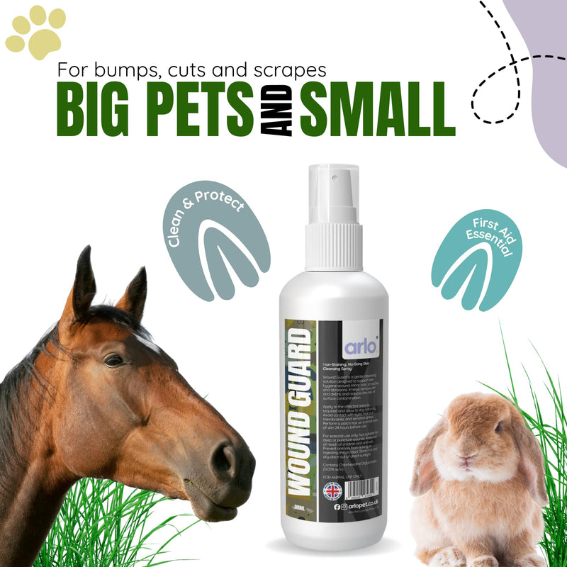 Wound Guard Antibac Skin Spray Non Stain 300ml | Horse, Dog & Cat Skin Cleansing for Minor Cuts, Grazes & Hot Spots | No-Sting Moisture Shield for Irritated Skin | Pet First Aid Formula for Animals 300ml Bottle
