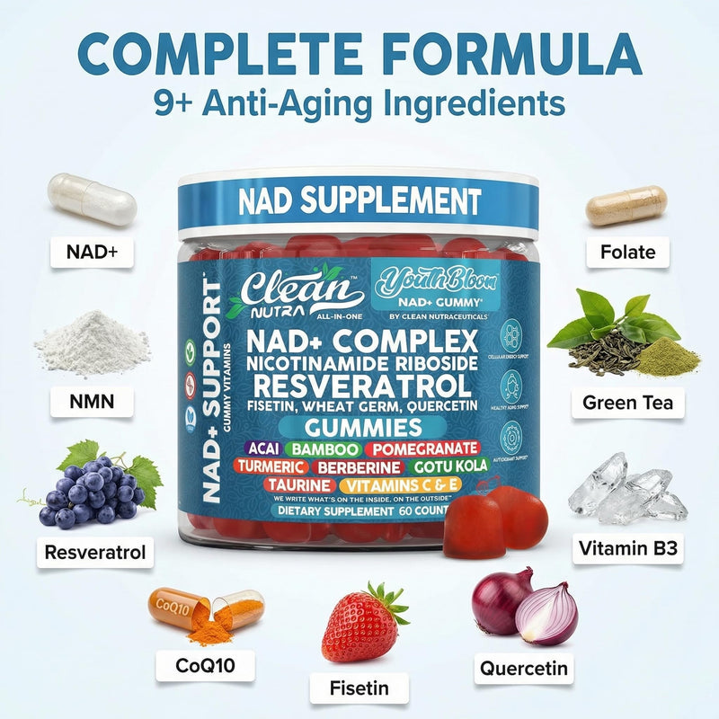 Youth Bloom NAD+ Supplement Gummies Resveratrol Fisetin Wheat Germ Berberine Taurine Turmeric Collagen Astaxanthin Nicotinamide Gotu Kola Pomegranate Vitamin C & E 60 Ct by Clean Nutra