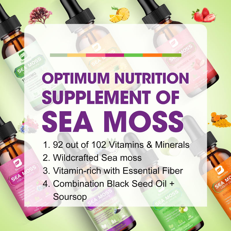 B BEWORTHS Sea Moss Liquid Drops with Black Seed Oil, Ashwagandha, Soursop | Multimineral irish Seamoss Supplement with Bladderwrack, Burdock Root for Immune, Energy, Hair & Digestion Wellness - Vegan Soursop bitters 2 Fl Oz (Pack of 1)