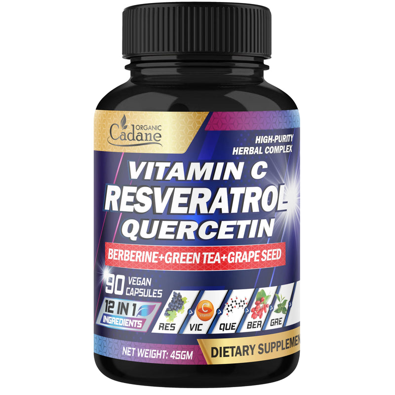 Organic Cadane Resveratrol Supplement - 12in1 Blended with VIT.C, Quercetin, Berberine, Turmeric, Green Tea & More - 90 Capsules 3 Month
