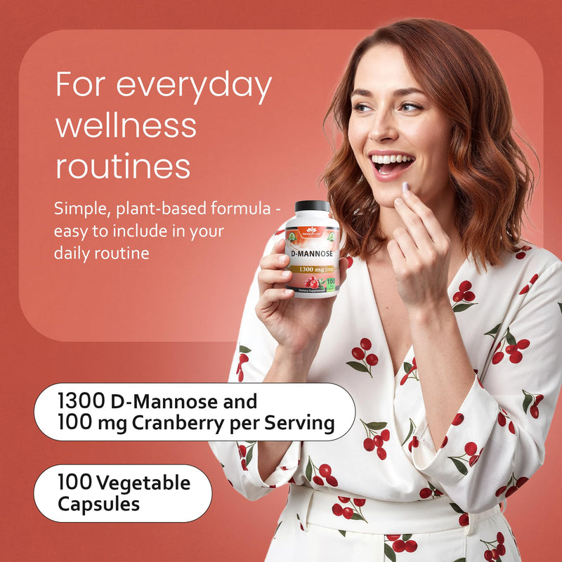 NaturaLife Labs Organic D-Mannose 1300 mg with Organic Cranberry Extract 100 mg per Serving – 100 Capsules – Non-GMO, Gluten-Free, Vegan 1 - BeesActive Australia