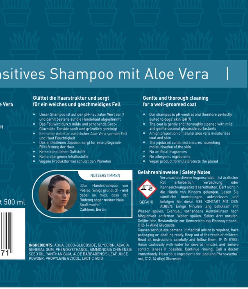 PetTec® - Dog shampoo sensitive with aloe vera 500ml pump bottle - pH neutral (7) & moisturizing shampoo for all dog breeds - Grooming dog paraben, silicone & fragrance free - Dog shampoo vegan - BeesActive Australia