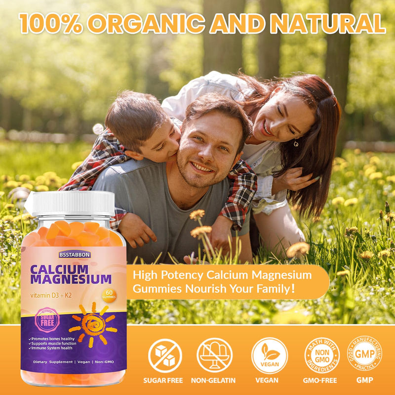 Calcium Magnesium Gummies for Adult: with Zinc Vitamin D3 K2 | Organic Sugar Free Vegan Chewable Gummy for Women - High Absorption Supplement for Immune Strength 60 Count (Pack of 1)