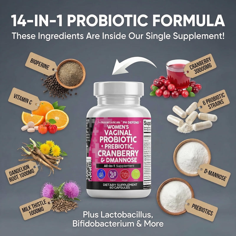 Clean Nutraceuticals Vaginal Probiotics for Women with Cranberry, D-Mannose, Prebiotics, pH Balance Support, Feminine Health, Urinary Tract Cleanse – Capsule Alternative to Gummies – 60 Count 1