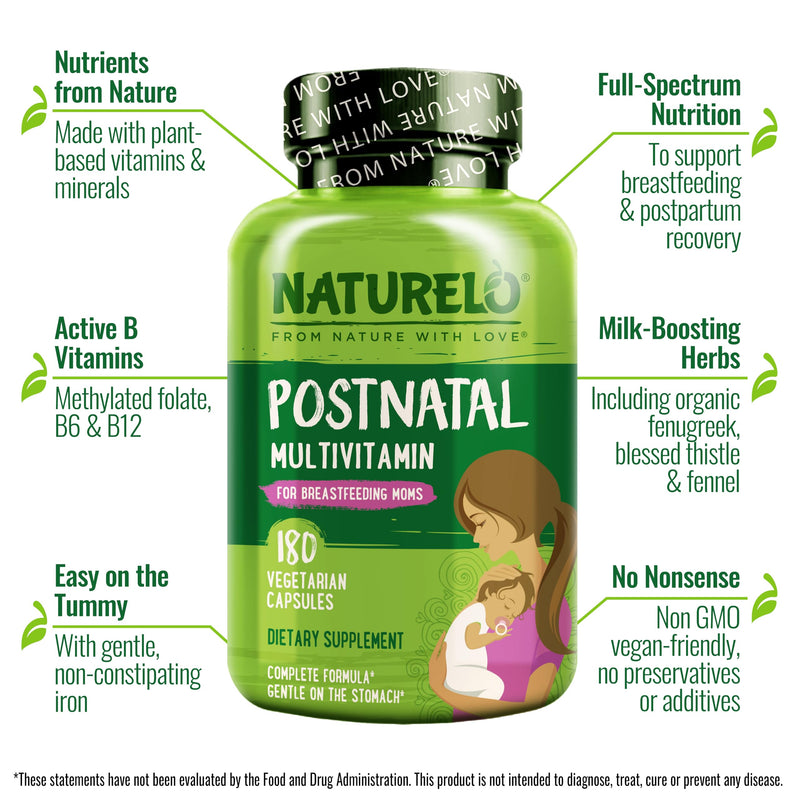 NATURELO Postnatal Multivitamin, Postnatal Vitamins, 180 Capsules | For breastfeeding women, plant-based vitamin D, folate, gentle iron, post natal lactation support, breastfeeding supplement 180 Count (Pack of 1)