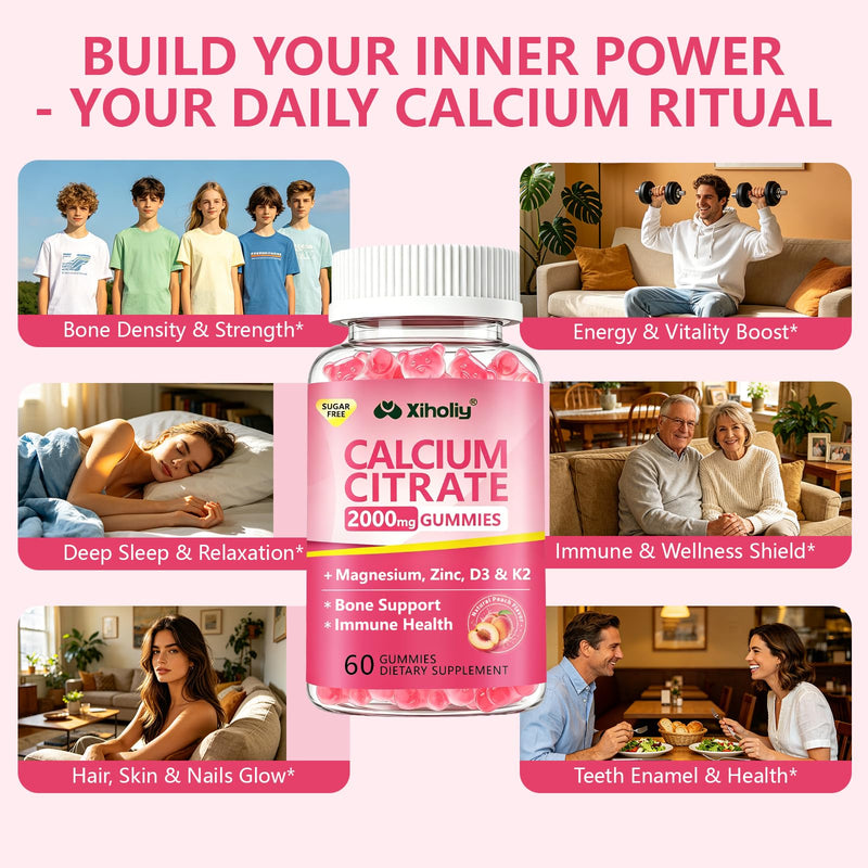 Calcium Citrate Gummies 2000 mg - Calcium Supplement for Women & Men,60 Ct | Plus Vitamin D3, K2, Magnesium, Zinc - High Absorption Supports Bone, Teeth & Immunity - Peach Flavor, Sugar-Free, Vegan 60 Count (Pack of 1)