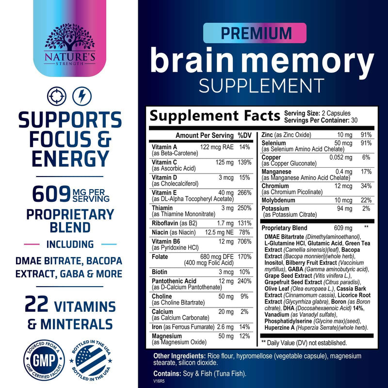 Brain Memory Supplement Pills - 3X Strength Nootropics for Concentration, Clarity & Focus Support - Brain Health Cognitive Vitamins with Bacopa, Phosphatidylserine & DMAE, Brain Booster - 60 Capsules 60 Count (Pack of 1)