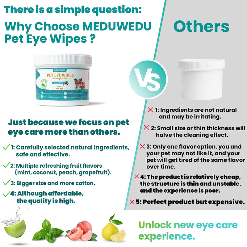 Eyes Wipes for Dogs & Cats 120 Counts, Grooming Kit Care for Dogs and Cats, Prevent Tear Stains, Eye Debris, Discharge, Mucus Secretions,Coconut Scent Coconut 3" Wide 120pcs - BeesActive Australia