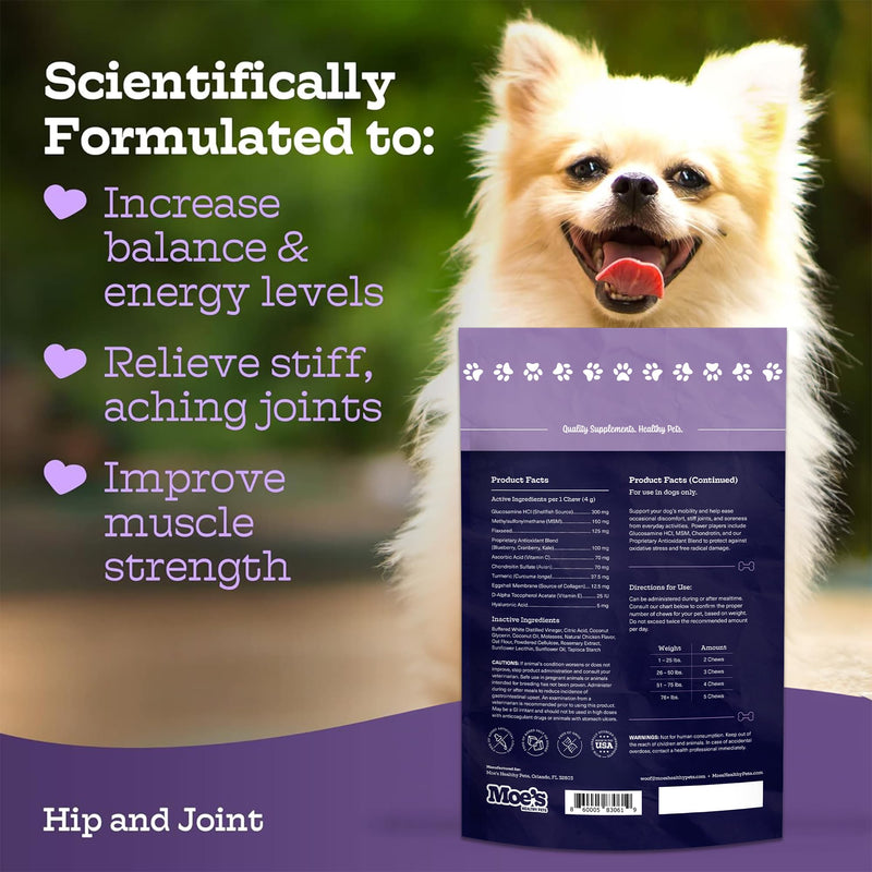 Moe's Glucosamine Dog Joint Supplement + Glucosamine, Chondroitin, Hyaluronic Acid, Vitamin C, E – Bone Health - Joint Pain Relief - Advanced Hip & Joint Care - 90 Chews - Made in USA – All Breeds - PawsPlanet Australia