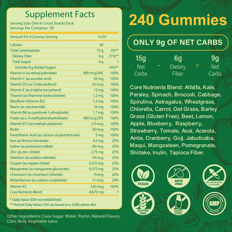 Greens Daily Gummies, Superfood Fruits and Veggies Blend with Spirulina, Chlorella, Prebiotics & Fiber, Adaptogens Multivitamin Supplement for Women & Men Digestive Health, Non-GMO, 240 Count 240 Count (Pack of 1)