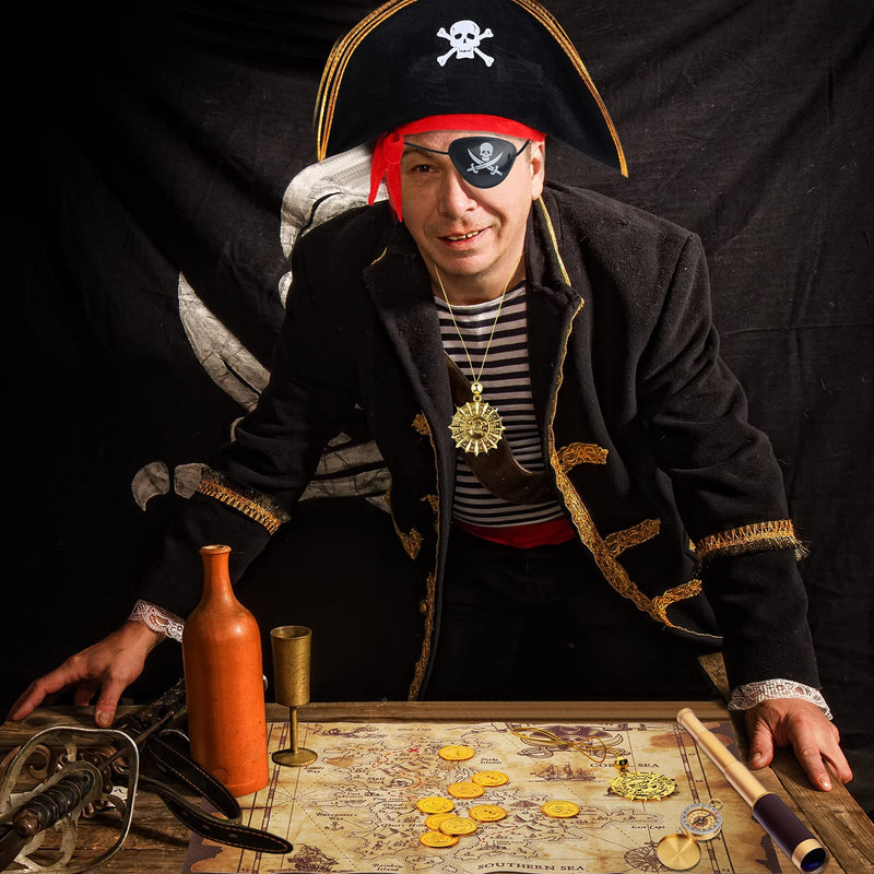 17 Piece Pirate Monocular Telescope Pirate Treasure Map Eye Patch Hat Pocket Compass Necklace Plastic Coins with Velvet Bag for Party Supplies