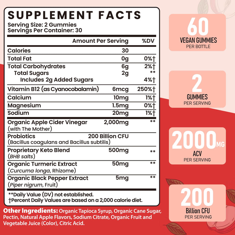 Apple Cider Vinegar Gummies, 120 ACV Gummies - Detox, Digestion, Gut Health | Max Strength 2000mg Keto ACV Gummy with Probiotics, B12 and Keto Support, For Digestion, Metabolism, Gelatin-Free 60 Count (Pack of 2)