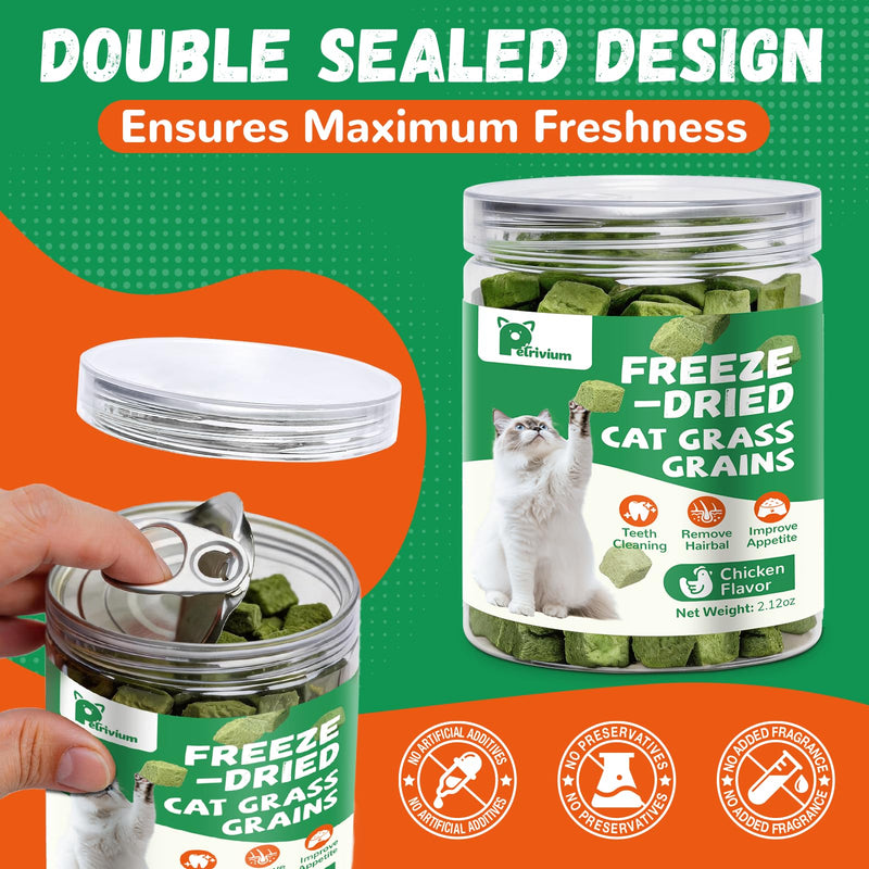 Cat Grass Treats for Indoor Cats, 60g Freeze-Dried Cat Teeth Cleaning Treats - Feline Grass Treаts for Hairball Control and Digestive Support with Probiotics & Prebiotics, Chicken Flavor