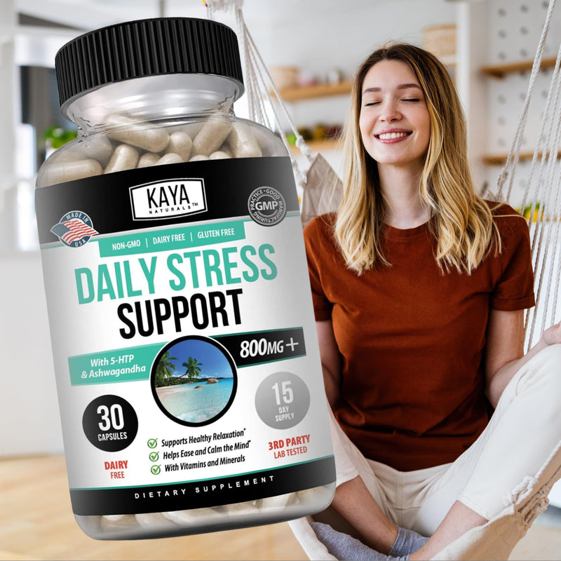 Kaya Naturals - Natural Herbal Stress Relief Support Vitamin Supplement to Relax and Calm The Mind - Boost Mood - Happy Pills - Anxiousness Support - 30 Capsules (Pack of 2) 30 Count (Pack of 2)