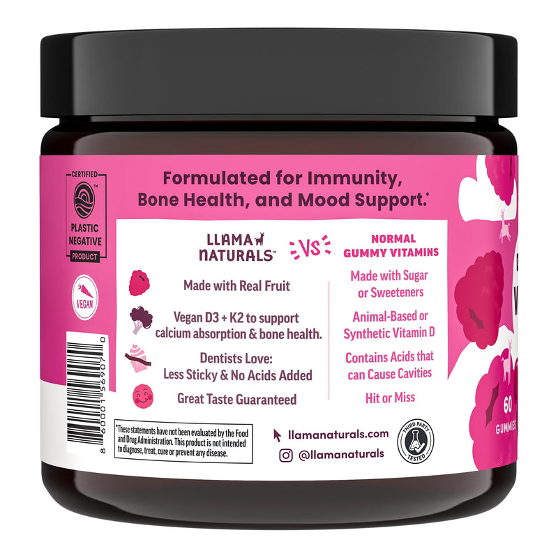 Llama Naturals Vitamin D3 K2 Gummies for Adults and Kids, Vegan, Organic, Vitamin D Gummies, Real Fruit Gummy Vitamins, No Added Sugar Cane, Raspberry, 120 Ct 120 Count (Pack of 1)