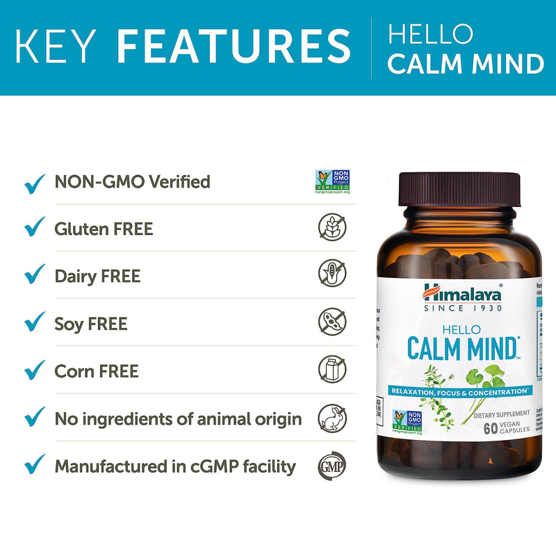 Himalaya Hello Calm Mind Herbal Supplement, with Bacopa, L-Theanine, Gotu Kola, Supports Concentration & Focus, Cognitive Function, Clear Thinking, Relaxation, Vegan, Gluten Free, 60 Capsules