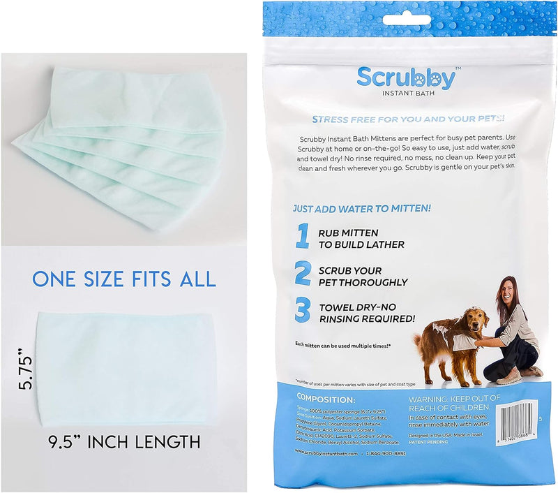 Scrubby Pet Pet Wipes, Rinse Free Shampoo Mittens for Dogs and Cats, Bath Wipes for Bathing and Washing Pets, Hypoallergenic No Rinse Wash Mitt for Grooming, Lather Wipe Dry 5 - Count Mittens - BeesActive Australia
